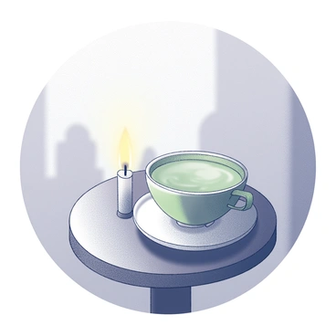 A quiet night scene centered around a small, round table. On the table, there is a porcelain cup filled with matcha tea, its surface reflecting the soft light of a nearby candle. The candle is lit, casting a warm glow that flickers gently. The background features a simple, minimalistic setting with shadows that enhance the serene atmosphere of the moment. The overall composition focuses on the intimate pairing of the matcha tea and the glowing candle, inviting a sense of calm and relaxation.