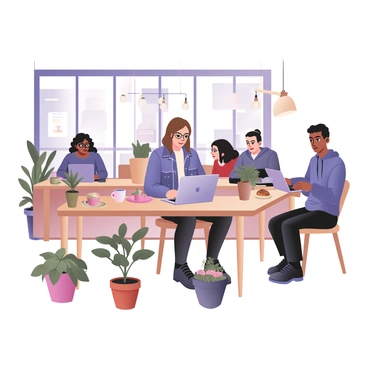 A person working on a laptop in a trendy cafe, surrounded by other remote workers.
