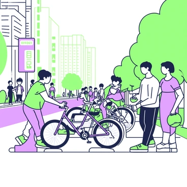 A bike-sharing station is situated on a bustling city sidewalk. The station is lined with several bicycles, each attached to a metallic docking system. In the foreground, a man in casual clothing is checking out a bicycle, while a woman beside him is examining a bike's features. Behind them, a diverse group of people, some holding helmets and others looking at their phones, are engaged in checking out bicycles. The background features tall urban buildings and trees lining the street, creating a vibrant city atmosphere.