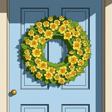 A circular decorative wreath made entirely from vibrant yellow daffodils, each flower in full bloom. The wreath is intricately arranged, showcasing a mix of the flowers' green stems and leaves interspersed within. It is hanging on a weathered wooden front door painted in a soft blue color. A shiny brass doorknob is visible on the door. Sunlight casts gentle shadows, creating a warm and inviting atmosphere around the entrance.