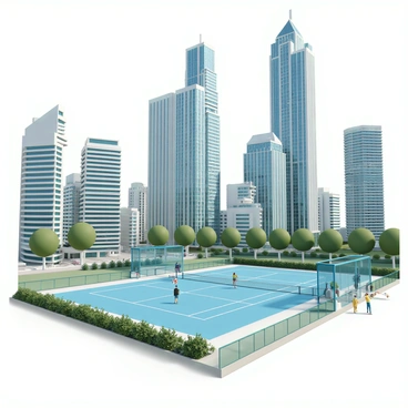 A padel court, featuring a bright blue surface and surrounded by glass walls, is located in the middle of a bustling city. Towering modern skyscrapers with sleek glass façades rise dramatically in the background, reflecting sunlight. The court is framed by vibrant green landscaping, including small trees and bushes, which provide a contrast to the urban environment. A few players are seen actively engaging in a match on the court, while people walk by and observe the action from the adjacent sidewalks.