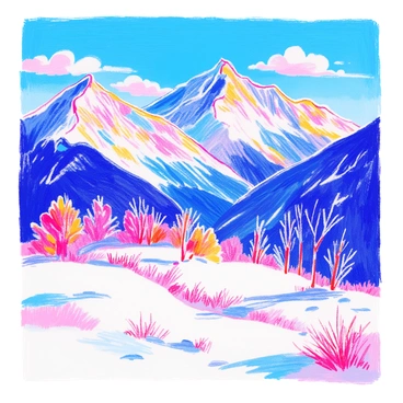 A sharp, clear winter landscape with snow-covered mountains and a bright blue sky.