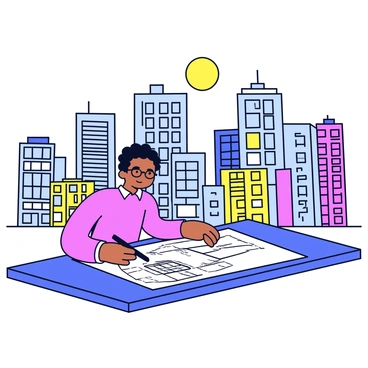 An architect is seated at a large drafting table, focused on sketching a new building design. The architect has short, curly hair and is wearing glasses. In front of them is a sheet of paper with detailed architectural sketches. The backdrop features a vibrant, busy city skyline with several tall buildings, some with glass facades and others with brick exteriors. The sky above is clear, and the sun is shining, casting shadows from the buildings onto the ground. The scene captures the essence of creativity and urban development.
