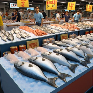 A lively fish market scene filled with different types of fresh fish arranged neatly on beds of ice. There are large whole fish with shimmering scales, including salmon and snapper, alongside smaller fish like sardines and mackerel. Ice glistens beneath the fish, reflecting light in the bustling environment. Vendors are actively engaging with customers, showcasing their catches with enthusiasm. Baskets filled with shrimp and shellfish are also present, adding to the variety of seafood on display. Brightly colored signage indicating the names and prices of the fish can be seen above each stall. The atmosphere is vibrant with the sounds of conversation and the smell of the sea.