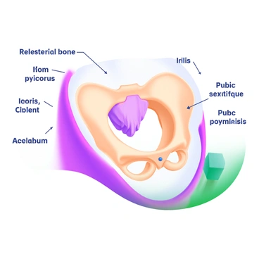 A detailed illustration of a female pelvis showcasing each bone and structure. The pelvis is rendered in soft pastel colors, highlighting its anatomical features. Each bone, including the ilium, ischium, pubis, and sacrum, is clearly labeled with bold black text. Surrounding the pelvis are detailed annotations pointing to key structures, such as the acetabulum and pubic symphysis. The background is kept simple to emphasize the anatomical details, allowing for a clear educational focus.