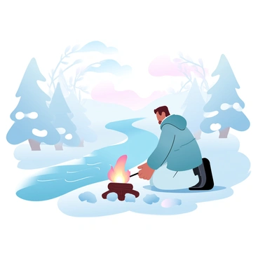 A frozen river stretches across the scene, its surface glistening with a layer of ice. On the banks, a lone traveler is kneeling beside a small campfire. The traveler is bundled in a thick jacket and is arranging logs to create a flame. Surrounding the campfire are scattered rocks, and wisps of smoke rise into the cool air. In the background, snow-covered trees frame the river, their branches heavy with frost. A soft gradient of pastel colors fills the sky, suggesting the onset of twilight.
