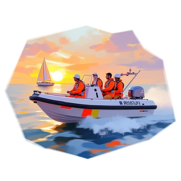 A rescue team composed of four individuals is on a sturdy power boat speeding across a choppy sea. The boat is equipped with bright orange and white safety gear and displays a bold "RESCUE" sign on the side. The team members, all wearing life jackets, are focused and alert, scanning the horizon for the stranded vessel. The sun is setting, casting a golden hue on the water, while waves crash against the boat's hull. In the distance, a small sailboat is seen adrift, its sails flapping loosely in the wind, indicating the urgency of the situation. The sky is a blend of warm oranges and deep purples as the day transitions to night.