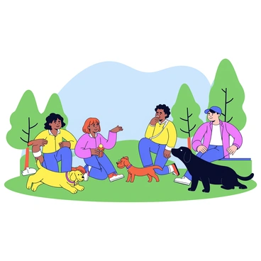 A diverse group of dog owners is gathered in a lush green park. There are four owners, each with a different breed of dog. One owner, a woman with curly hair, is playing fetch with a golden retriever. Another owner, a man with glasses, is kneeling beside a small dachshund, holding a toy. A third owner, a woman with straight hair, is standing while her beagle sniffs around the grass. The fourth owner, a man with a baseball cap, is sitting on a bench beside a large black Labrador. The park features a few trees and a clear blue sky in the background.