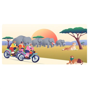 A group of four riders on motorcycles is traversing the vast African savannah. Each rider is wearing a helmet and protective gear in earthy tones. They are closely observing a herd of elephants in the distance, their large ears flapping gracefully. The savannah is dotted with acacia trees and tall grasses swaying gently in the breeze. To the right, a pride of lions is lounging under the shade of a tree, while a few colorful birds flutter above. The sky is a stunning gradient of orange and purple as the sun begins to set on the horizon. The riders appear focused and excited, capturing the dynamic wildlife around them.