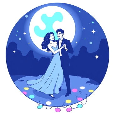 A couple is elegantly dancing together in a vibrant setting under a large, luminous "full moon." The moon casts a soft glow over the scene, illuminating the couple's joyful expressions. The woman wears a flowing gown while the man is dressed in a sharp suit, both radiating an aura of celebration. Surrounding them, there are twinkling "stars" scattered across a deep "blue" sky, adding to the enchanting atmosphere. The ground beneath their feet is adorned with colorful "lights" that enhance the festive mood of the dance party.