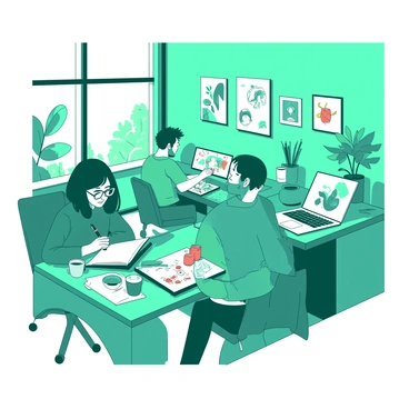 A teal shared workspace is filled with freelancers engaged in various illustration assignments. In one corner, a freelancer with glasses is intently focused on a sketchbook, drawing with a red pencil. Nearby, another individual is seated at a desk, using a laptop with an open screen showing a colorful digital drawing. On the walls, there are several framed illustrations showcasing a range of styles. The workspace is filled with natural light coming from large windows, and the tables are scattered with art supplies, notebooks, and coffee cups.