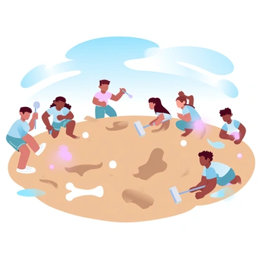 A group of children is digging in a sandy excavation site, unearthing dinosaur bones. Some children are using small shovels while others are brushing off the sand with soft brushes. The scene includes various dinosaur bones scattered around, partially buried in the sand. A few children are crouched down, examining a large fossilized bone with excitement. The background features a blue sky with fluffy white clouds, creating a bright atmosphere over the lively excavation site.