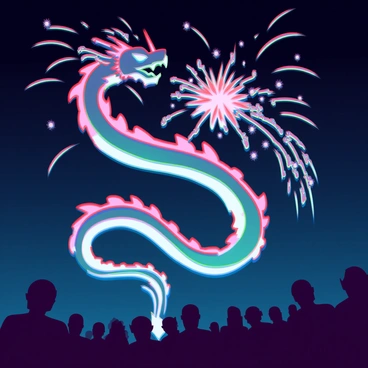 Brightly colored fireworks explode in a variety of hues, forming the intricate shape of a dragon against a dark night sky. The dragon's elongated body is made up of vibrant reds, greens, and golds, with shimmering trails of sparks illuminating the air. Its fierce eyes are represented by brilliant white bursts, and its fiery breath is depicted with a series of orange and yellow explosions. Below, silhouettes of spectators can be seen gazing up in amazement at the stunning display.