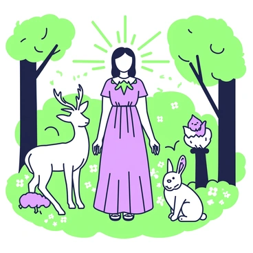 A Virgo character is standing in the center of a sun-dappled forest. She has a serene expression and is wearing a flowing dress adorned with nature-themed details. Around her, various woodland animals are present, including a deer with delicate antlers, a curious rabbit sitting on its haunches, and a wise owl perched on a nearby branch. Sunlight filters through the leaves, casting intricate patterns on the forest floor, where soft moss and small flowers can be seen. The trees are tall and vibrant, with green foliage creating a lush backdrop for this peaceful scene.