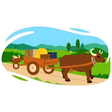 A team of sturdy oxen is pulling a wooden cart filled with various goods, including sacks, barrels, and crates. The cart is designed with large wooden wheels and is slightly tilted due to the weight of the load. The dirt road is uneven and lined with patches of grass and wildflowers on either side. In the background, there are distant hills and a clear blue sky. A few scattered trees provide shade along the road. The scene captures a moment of hard work and connection with nature.