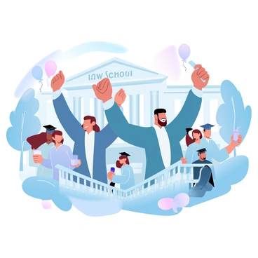 A group of graduates wearing caps and gowns is celebrating outside a law school building. The graduates are holding their diplomas high in the air, showcasing their achievement. Balloons in various colors are tied to nearby railings, adding to the festive atmosphere. Friends and family members are gathered around, some taking photographs of the joyful moment. The law school’s entrance is adorned with decorative banners celebrating the graduation. The setting is filled with trees, and the sunlight casts a warm glow over the scene.