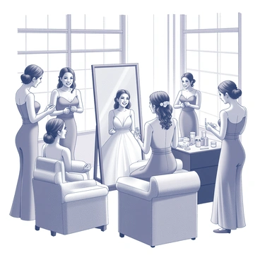The bride and her bridesmaids busy with hair styling and makeup in a sunlit bridal suite