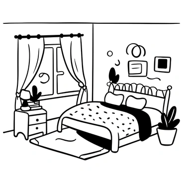 A wooden bed with an intricately carved headboard is positioned against the wall. The bedding is neatly arranged, featuring a patterned blanket and several fluffy pillows. The walls are adorned with various decorative elements, such as framed pictures and wall hangings. A small bedside table holds a lamp and a stack of books. A window with flowing curtains allows light to fill the room, and a rug lies on the floor, adding warmth to the space. There are potted plants placed strategically to bring a touch of life to the quaint bedroom.