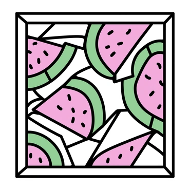 A stained glass window, featuring a vibrant pattern of watermelon slices. The watermelon slices are depicted in various shades of green for the rind, with bright red flesh and scattered black seeds. The glass pieces are arranged in a way that enhances the colorful contrast, allowing light to filter through and create reflections. Each slice has a smooth, curved shape, contributing to a harmonious overall design. The window frame is simple and elegant, accentuating the intricate details of the watermelon pattern.