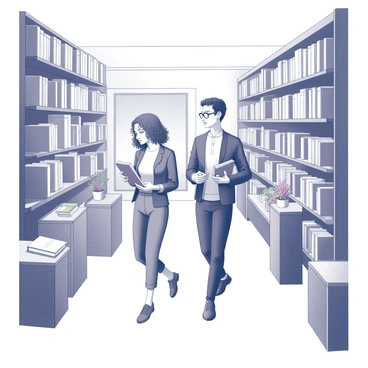 Two friends walking through the aisles of an independent bookstore. The first friend, a young woman with curly hair, is holding a book in her hands, examining the cover closely. The second friend, a young man with glasses, is browsing through a nearby shelf, reaching for a novel. The bookstore features wooden shelves filled with books of various sizes and genres, with warm lighting illuminating the space. There are small tables scattered throughout, some adorned with plants and others with bookmarks. A cozy reading nook is visible in the corner, inviting visitors to sit down and read.