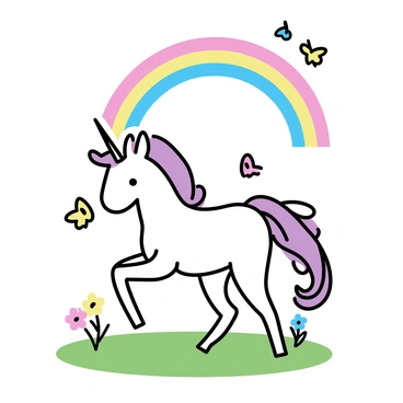 A unicorn, with a shimmering white coat and a flowing, multi-colored mane, is prancing in a bright green meadow filled with colorful flowers. A vibrant rainbow arches above the scene, stretching across the sky. Several butterflies, in various colors, are fluttering nearby, adding to the lively atmosphere of the meadow.