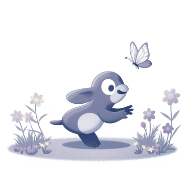 A niffler with a playful expression is seen in a blooming meadow. It is crouched low to the ground, its hands outstretched as it chases a butterfly fluttering nearby. The butterfly has delicate wings, and it hovers just above a patch of vibrant flowers. The meadow is filled with various blooming plants, showcasing a variety of shapes and sizes. Soft grass carpets the ground, providing a lush backdrop for the scene. The overall atmosphere captures the animated moment of the niffler's pursuit.