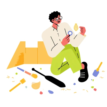 A historian examining a small artifact with a loupe at an archaeological site