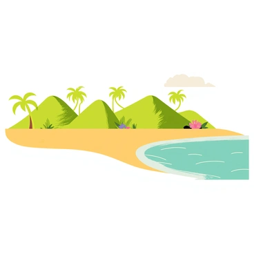 A tropical island scene featuring a stretch of golden sandy beach. The beach is lined with vibrant green palm trees gently swaying in the breeze. The water is a clear turquoise color, sparkling under the bright sun. Small waves lap at the shore, creating a rhythmic pattern. In the background, lush green hills rise up, partially covered with colorful tropical flowers. A few fluffy white clouds float in the bright blue sky, completing the idyllic setting.