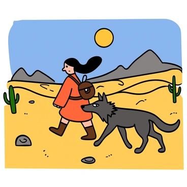 A hero with tan skin and long, flowing dark hair is traveling across a vast desert landscape. The sun is high in the sky, casting strong light and shadows on the golden sand dunes. The hero is wearing a light, loose-fitting tunic and sturdy boots, and is carrying a satchel. Beside the hero is a large, loyal wolf with thick fur and sharp eyes, walking closely alongside. The desert stretches out in all directions, showing scattered cacti and small rocks in the foreground, and distant mountains on the horizon under a bright blue sky.