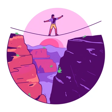A tightrope walker bravely stepping across a rope over a vast and colorful canyon