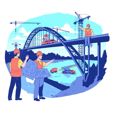A group of engineers, dressed in orange safety vests and hard hats, is collaborating on the construction of a large iron bridge spanning across a wide river. One engineer is holding blue blueprints, pointing towards the bridge structure with an expression of focus. Another engineer is using a yellow measuring tape to check dimensions of a large iron beam, while a third engineer is perched on a scaffold, installing a support bracket. The river below is flowing gently, reflecting the blue sky above, while construction equipment such as cranes and trucks can be seen in the background.