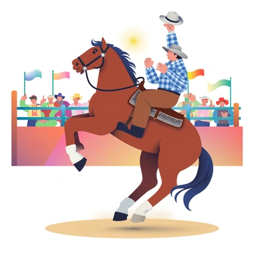 A bucking horse with a shiny chestnut coat is rearing up in mid-air, showing off its powerful muscles. The horse is wearing a leather saddle adorned with intricate silver details. A cowboy in a blue plaid shirt and brown chaps is gripping the saddle tightly, his cowboy hat flying off in the excitement. In the background, a cheering audience is visible, with men and women wearing colorful Western attire, some waving their hats and clapping. The setting includes a dusty arena with wooden fences and colorful flags fluttering overhead. The sun is shining brightly, casting long shadows on the ground.