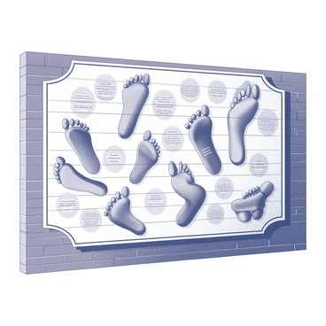 A large community mural displayed on a brick wall. The mural features a variety of foot illustrations, each uniquely shaped and designed to represent different aspects of foot health. The illustrations include detailed depictions of feet in various positions, such as standing, walking, and receiving care. Surrounding the foot illustrations are informative text elements that convey messages about foot care and health awareness. The overall composition is vibrant and engaging, inviting viewers to learn more about maintaining foot health.