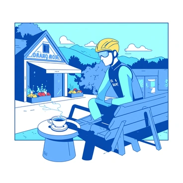 A cyclist taking a break with an espresso at a scenic roadside cafe