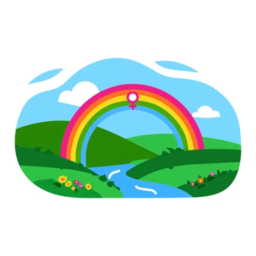 A vibrant rainbow with each band represented by a different gender symbol. The rainbow arches gracefully over a peaceful landscape that features rolling green hills and a clear blue sky. Below the rainbow, there are clusters of colorful flowers and a small, tranquil river winding through the scene. A few fluffy white clouds float softly in the sky, completing the serene atmosphere. The gender symbols are distinct and brightly colored, enhancing the overall visual impact of the rainbow.