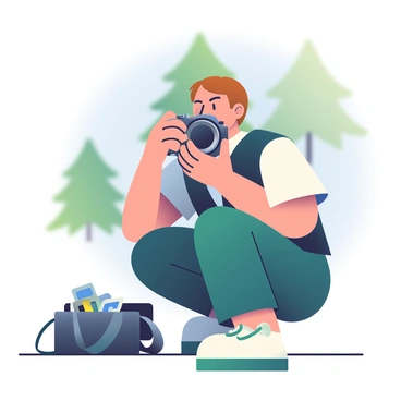 A photographer with short brown hair is crouched down in an outdoor setting, carefully swapping lenses on a black camera body. She is wearing a dark green vest over a white t-shirt, and her focus is intense as she holds a silver lens in her right hand, while her left hand supports the camera. In the background, there are blurred green trees and a clear blue sky, creating an atmosphere of a bright, sunny day. On the ground next to her, there is a black camera bag that is slightly open, revealing additional camera equipment and filters inside.