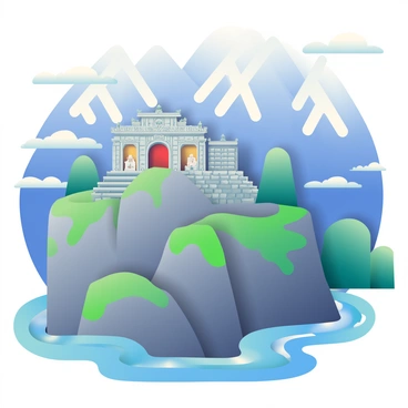 Towering mountains rise dramatically against the sky, their peaks dusted with white snow. Among these mountains, a hidden temple is perched precariously on a steep cliff, with stone walls covered in patches of green moss. The temple features intricate carvings and a large entrance flanked by two stone statues. Below the cliff, a winding river flows, reflecting the blue sky and surrounding greenery. Wispy clouds drift lazily in the sky, enhancing the sense of height and isolation of the temple.