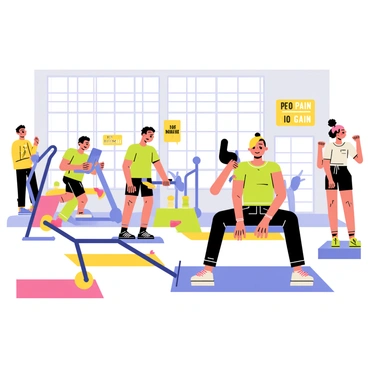 A busy gym scene with bright colors featuring various pieces of exercise equipment. In the foreground, there is a "seated cable row" machine with a person using it, gripping the handle tightly. Surrounding the machine are other gym-goers engaged in workouts, some lifting weights and others running on treadmills. The walls of the gym are adorned with motivational posters that have phrases like "Push Yourself" and "No Pain, No Gain" in bold letters. Brightly colored mats are scattered across the floor, and the gym is filled with natural light coming from large windows.