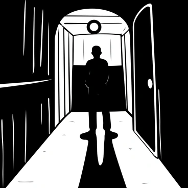 A shadowy figure standing silently at the end of a deserted hallway