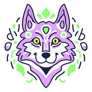 A wolf head is centered in the image, featuring intricate designs and bold decorative patterns. The head has sharp, pointed ears and intense yellow eyes, capturing a fierce expression. Around the wolf head, there are various geometric shapes and motifs that enhance the folk art feel. The background includes flowing lines that add movement to the composition.