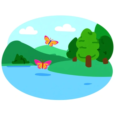 A colorful butterfly with intricate patterns on its wings is hovering just above a calm lake. The surface of the water is smooth and glass-like, perfectly reflecting the butterfly's vibrant colors and delicate features. Surrounding the lake, there are lush green trees with varying shades of foliage, creating a serene natural setting. In the background, gentle hills roll softly, adding depth to the scene. The atmosphere is tranquil, highlighting the beauty of nature and the butterfly's graceful flight.