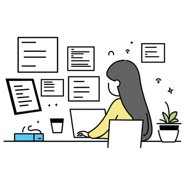 A woman sitting at a sleek, modern desk in a tech office. She has long, dark hair and is focused on typing on her laptop. Surrounding her are multiple screens displaying lines of code and various tech gadgets. The office has a minimalist design with bright lighting and clean lines. A potted plant sits on the corner of the desk, adding a touch of greenery to the workspace.