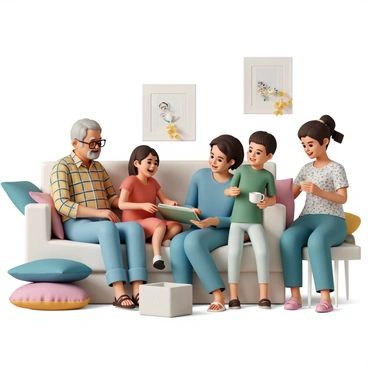 A cozy living room filled with warm lighting, where a family is gathered together. A mother, wearing a blue sweater and jeans, sits on a plush couch, laughing and sharing a story with her children. One child, a girl in a red dress, is giggling while the other, a boy in a green t-shirt, is looking up with wide eyes. Nearby, a grandfather, wearing glasses and a plaid shirt, is smiling as he listens, while a grandmother, in a floral blouse, holds a cup of tea, enjoying the moment. Family photos adorn the walls, and there are colorful cushions scattered around the room, adding to the inviting atmosphere.