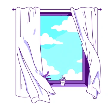An open window frames a view of a bright sky with fluffy clouds. Light streams through the window, illuminating the room. The curtains, made of light fabric, are billowing gently in the soft breeze, their movement creating elegant shapes. The edges of the curtains are fluttering, and a few strands are caught in the light, adding a touch of movement to the scene. The window sill is adorned with a small potted plant, adding a hint of life to the composition.