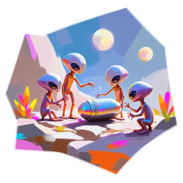 An alien civilization, consisting of creatures with iridescent skin and multiple limbs, is gathered around a shiny, metallic object partially buried in the ground. The capsule has intricate designs and symbols engraved on its surface, reflecting the curiosity of the alien beings as they examine it. Some of the aliens, with large, expressive eyes, are reaching out with their tentacle-like appendages to touch the capsule, while others are communicating excitedly with each other. The landscape around them is otherworldly, with unusual plants and glowing formations in a vibrant array of colors. The sky is a deep shade of indigo, dotted with two luminous moons, adding an atmosphere of wonder and discovery to the scene.