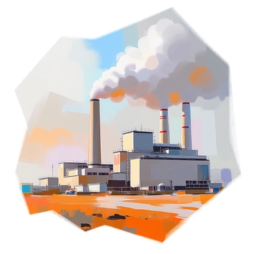 A detailed scene depicting large industrial factories with towering smokestacks emitting thick plumes of smoke into the atmosphere. The factories are constructed of gray metal and have a complex arrangement of pipes and machinery. The sky above is hazy with a mix of gray and orange hues, indicating pollution. In the foreground, patches of dry grass and barren land contrast with the backdrop of the factories. The overall composition highlights the industrial landscape and the visible emissions that contribute to the greenhouse effect.