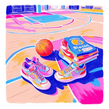 A basketball court is shown with various pieces of basketball gear laid out. There are a pair of colorful basketball shoes with intricate designs placed prominently on the wooden floor. Next to the shoes, there are several jerseys featuring different team colors and logos, neatly folded and stacked. A basketball sits in the center, its textured surface catching the light. The court lines are marked clearly, and a hoop is visible in the background.