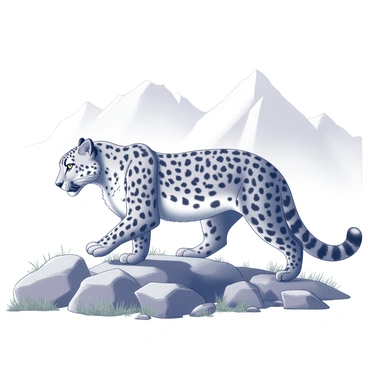 A snow leopard is stealthily moving across the rugged terrain of the Bhutanese highlands. Its thick fur, patterned with black rosettes, blends seamlessly with the rocky landscape. The cat's piercing eyes are focused ahead, scanning the environment for any signs of movement. In the background, sharp mountain peaks rise against the sky, and sparse patches of grass and rocky outcrops are visible. The scene captures the essence of the wilderness, highlighting the snow leopard's natural habitat and its solitary nature.