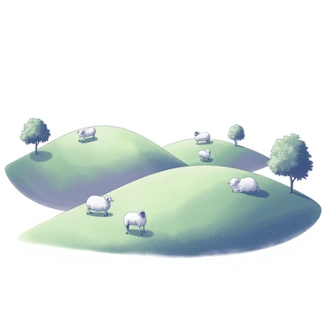 Gentle rolling hills extend across the landscape, each hill covered in lush green grass that appears textured and inviting. In the distance, several sheep are grazing, their fluffy forms dotting the hillsides. The sheep are scattered, some nibbling on the grass, while others rest in the shade of nearby trees. The sky above is clear, adding to the tranquility of the scene.