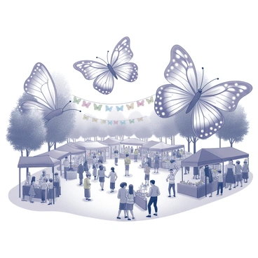A festival scene featuring large "papillon butterflies" prominently displayed throughout the area. Colorful banners, with intricate designs of butterflies, hang between trees and across pathways. Numerous people are dressed in "costumes" inspired by the patterns and colors of butterflies, with wings extending from their backs. Various stalls are set up, showcasing butterfly-themed decorations and crafts. The atmosphere is lively, with attendees interacting and sharing their enthusiasm.
